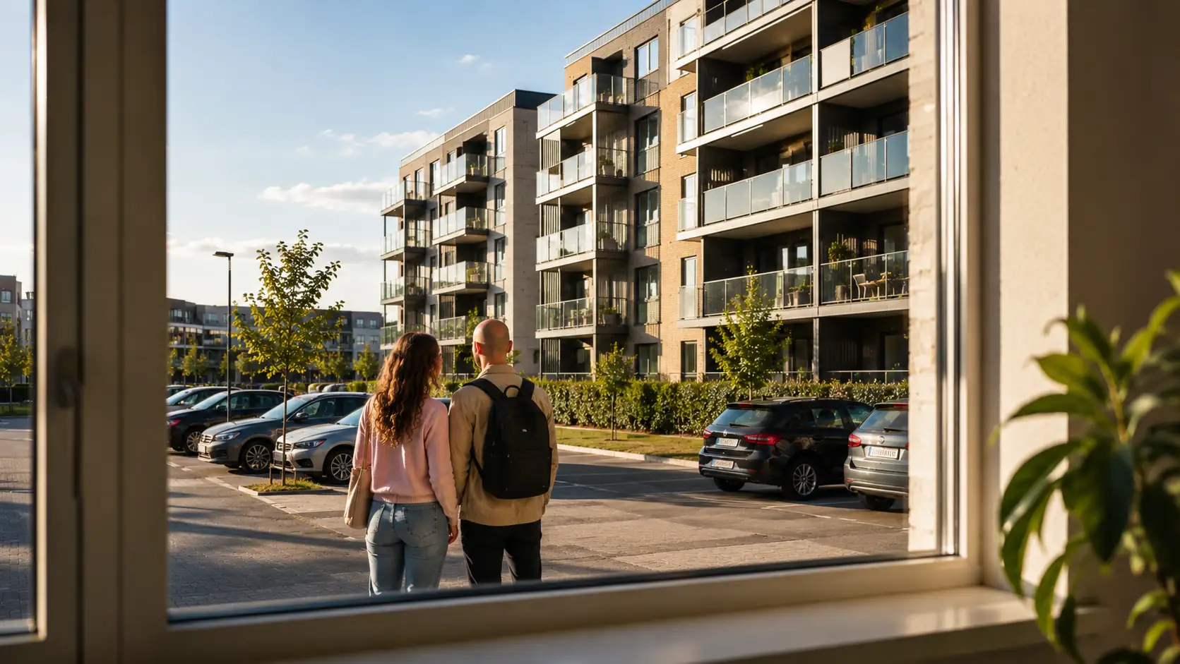 Mand og kvinde står foran nogle lejligheder