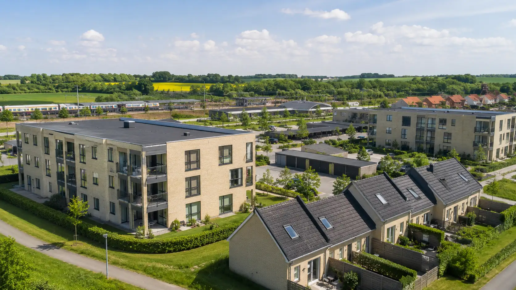Lejeboliger i et roligt boligområde med moderne lejligheder, grønne omgivelser og god infrastruktur.