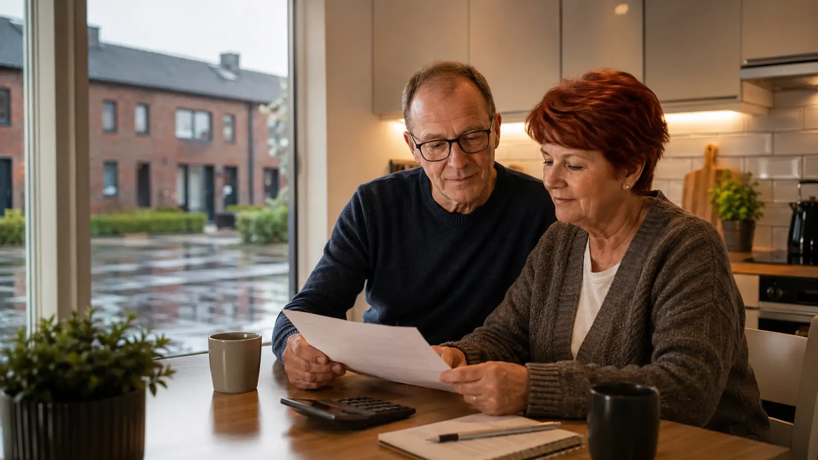 Ældre par i køkkenet kigger på papir og laver nogle beregninger