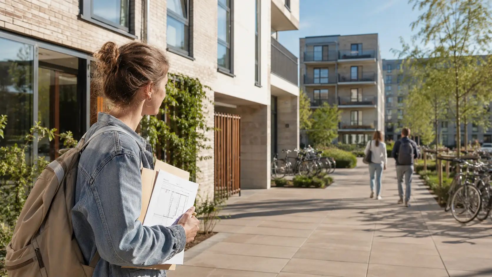 Studerende foran moderne ungdomsbolig i bymiljø.