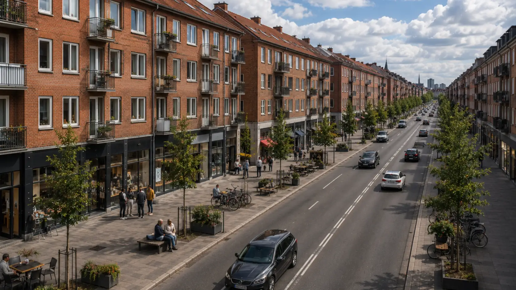 Gade med lejligheder, mennesker og biler