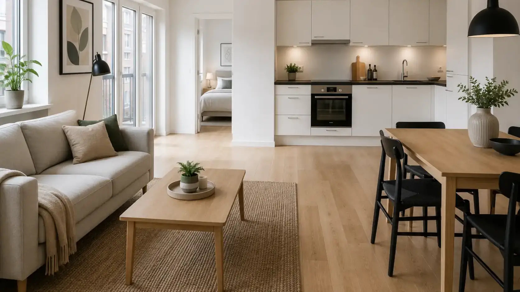 Moderne møbleret lejlighed i lys nordisk stil med åbent køkken, stue og naturligt dagslys – inspiration til boligudlejning og lejeboliger.