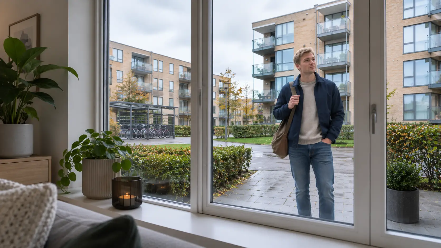 Mand ude foran en lejlighed