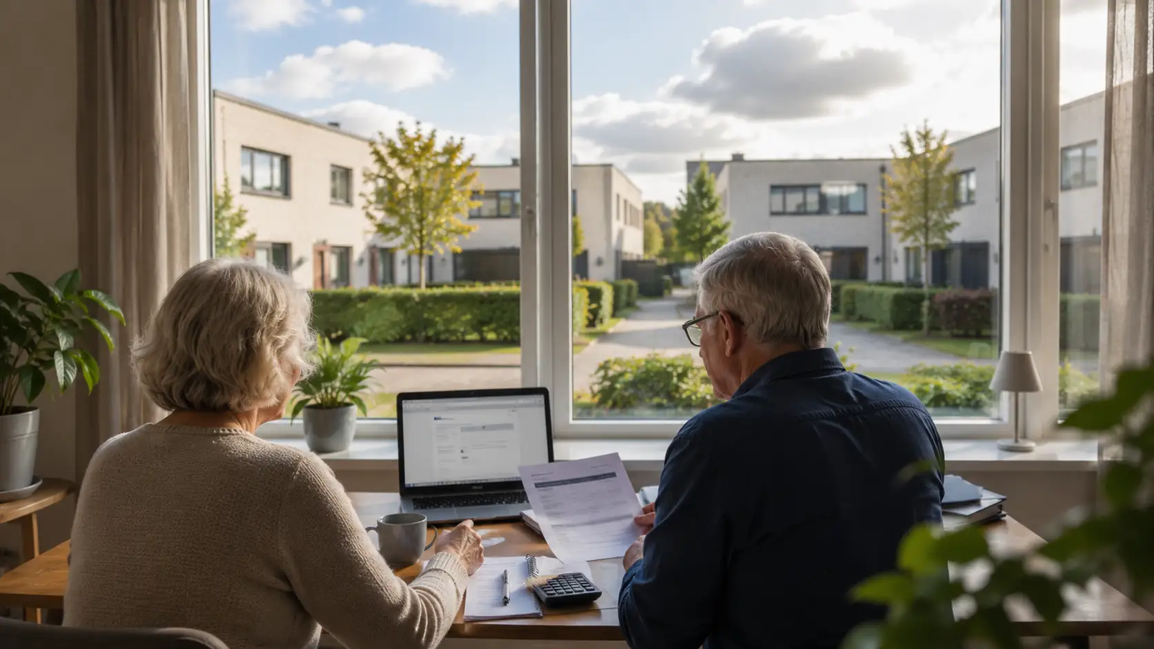 Ældre par sidder ved computeren og kigger på nogle papirer