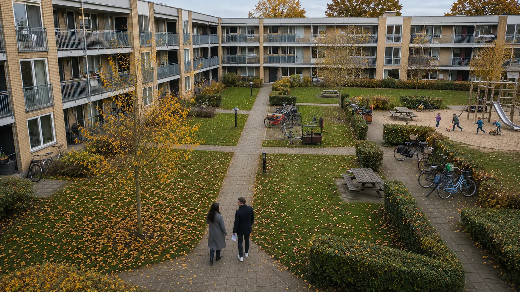 Kvinde og mand går med dokument ude foran lejligheder