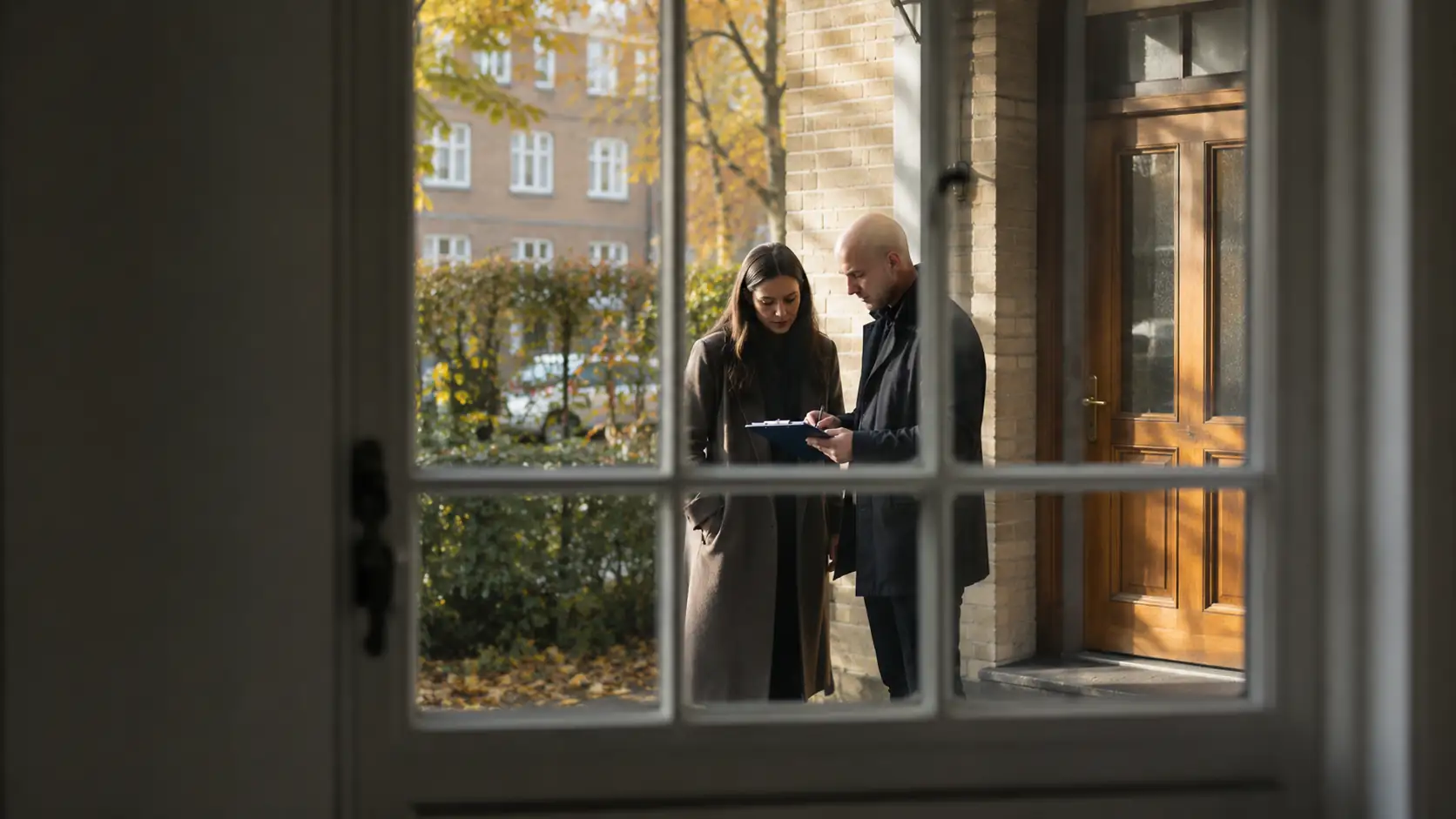 Kvinde og mand kigger på en rapport om lejligheden
