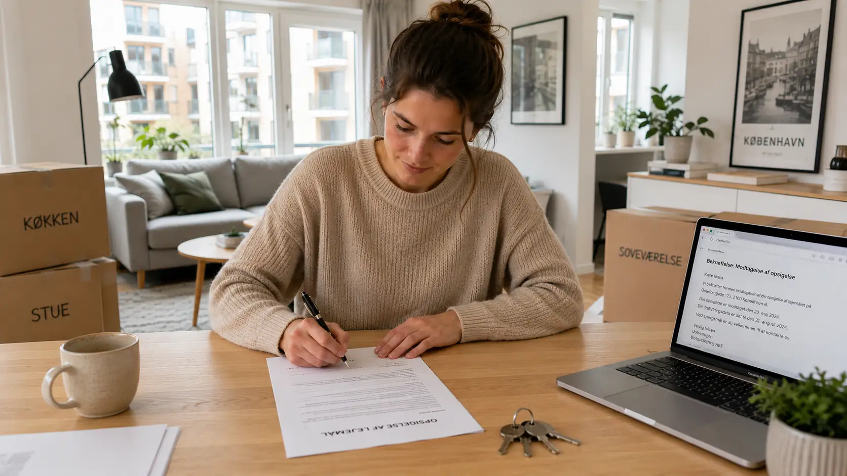 Opsigelse af lejlighed i lyse nordiske omgivelser. Få overblik over opsigelsesfrister, lejeloven, fraflytning og en korrekt opsigelse af lejemål.
