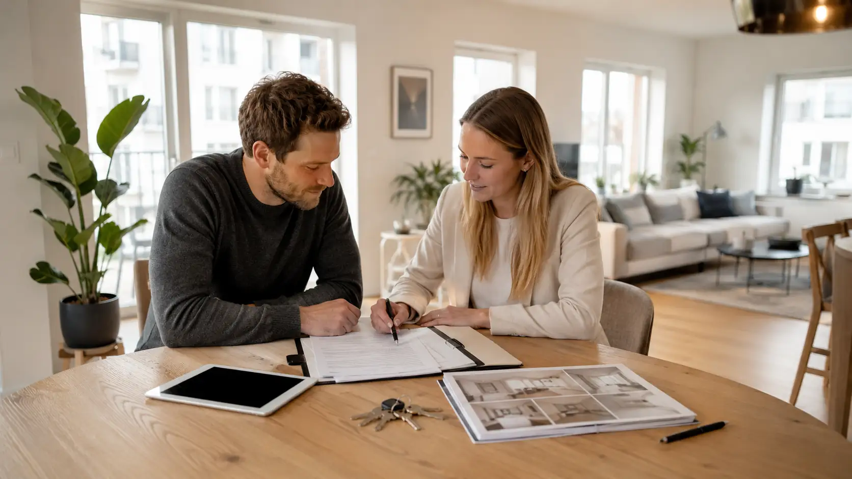 Lejer og udlejer gennemgår lejekontrakt og dokumentation i en moderne lejlighed.