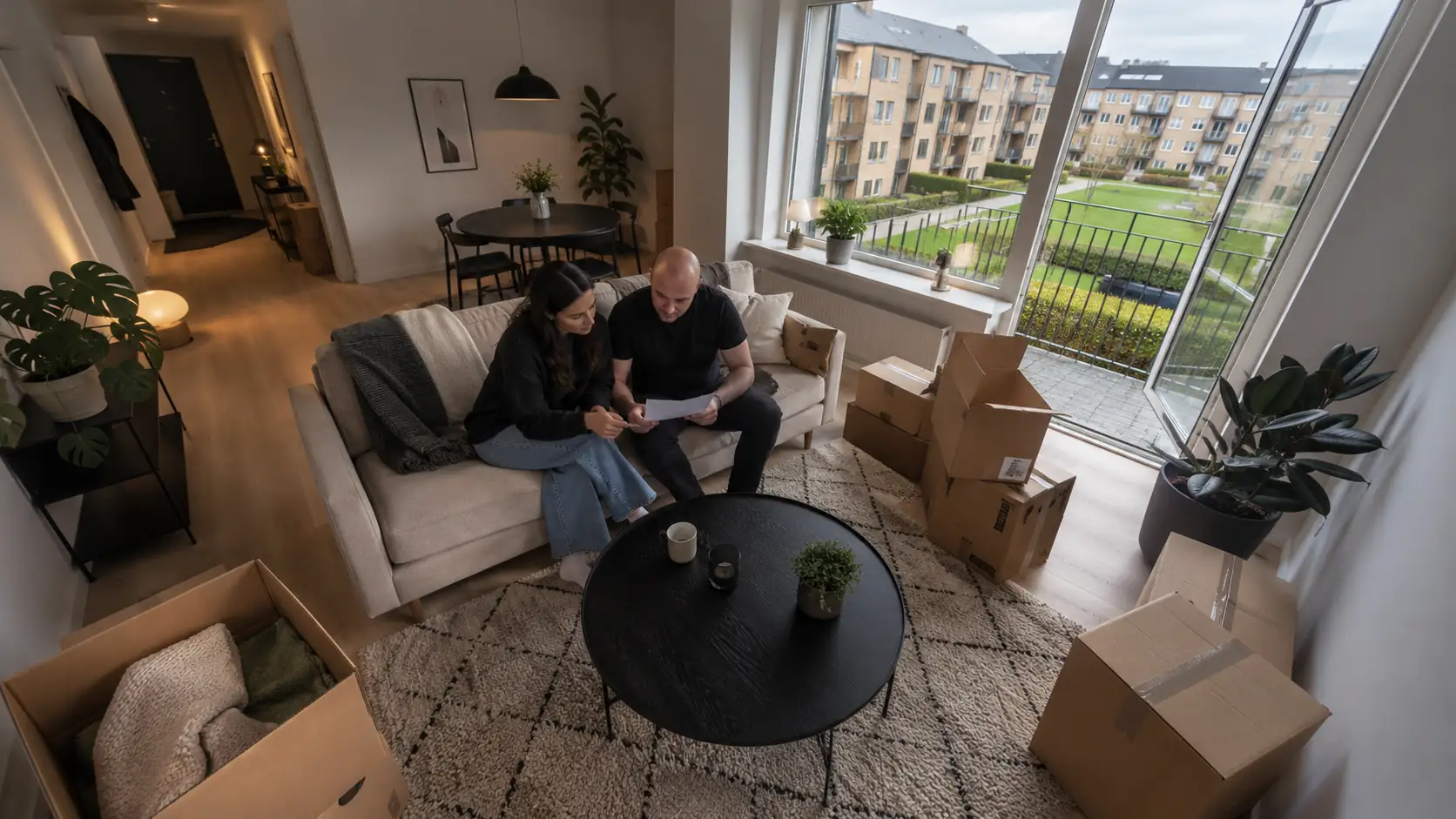 Par sidder i lejlighed med pappir og flyttekasser