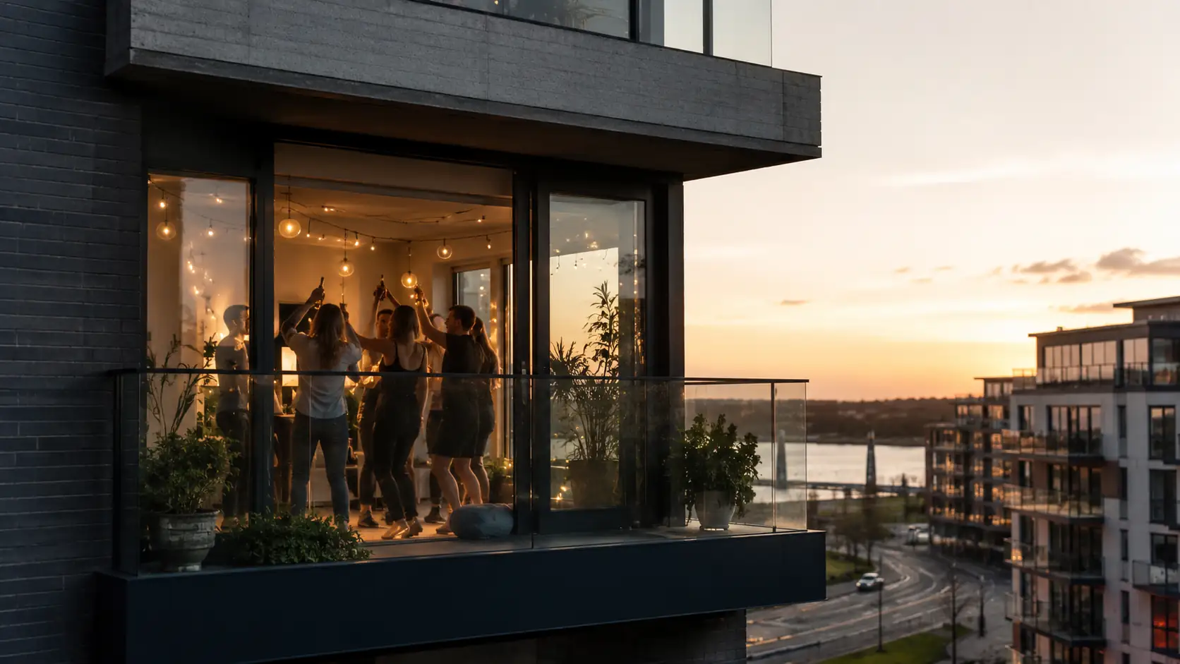 Støjende fest i lejlighed ved solnedgang. Læs om regler i lejeloven om støj, naboklager og dine rettigheder som lejer og udlejer.